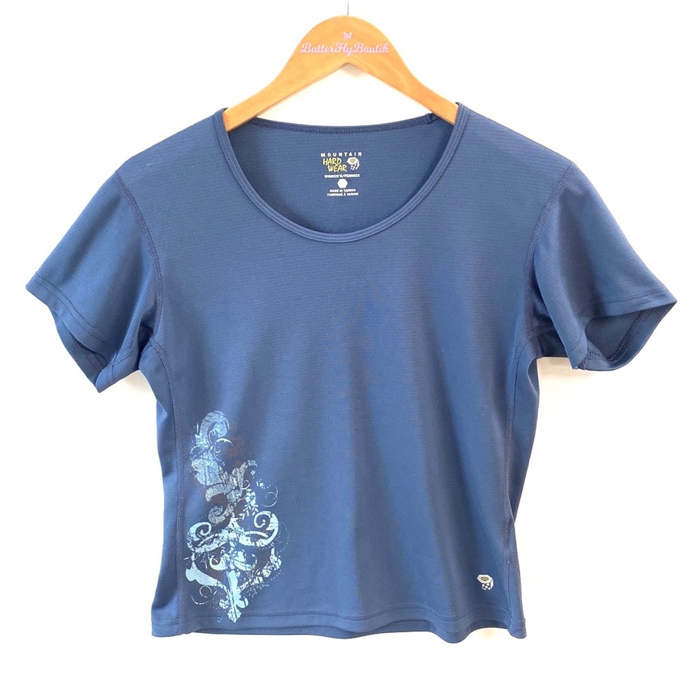 (A55) Mountain Hardwear Blue Abstract Short Sleeve Top Outdoor Hiking, Size M